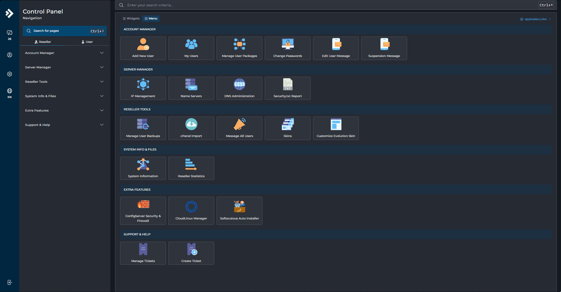 ManoVersa web hosting control panel: account tools, server manager, backups, and installers.